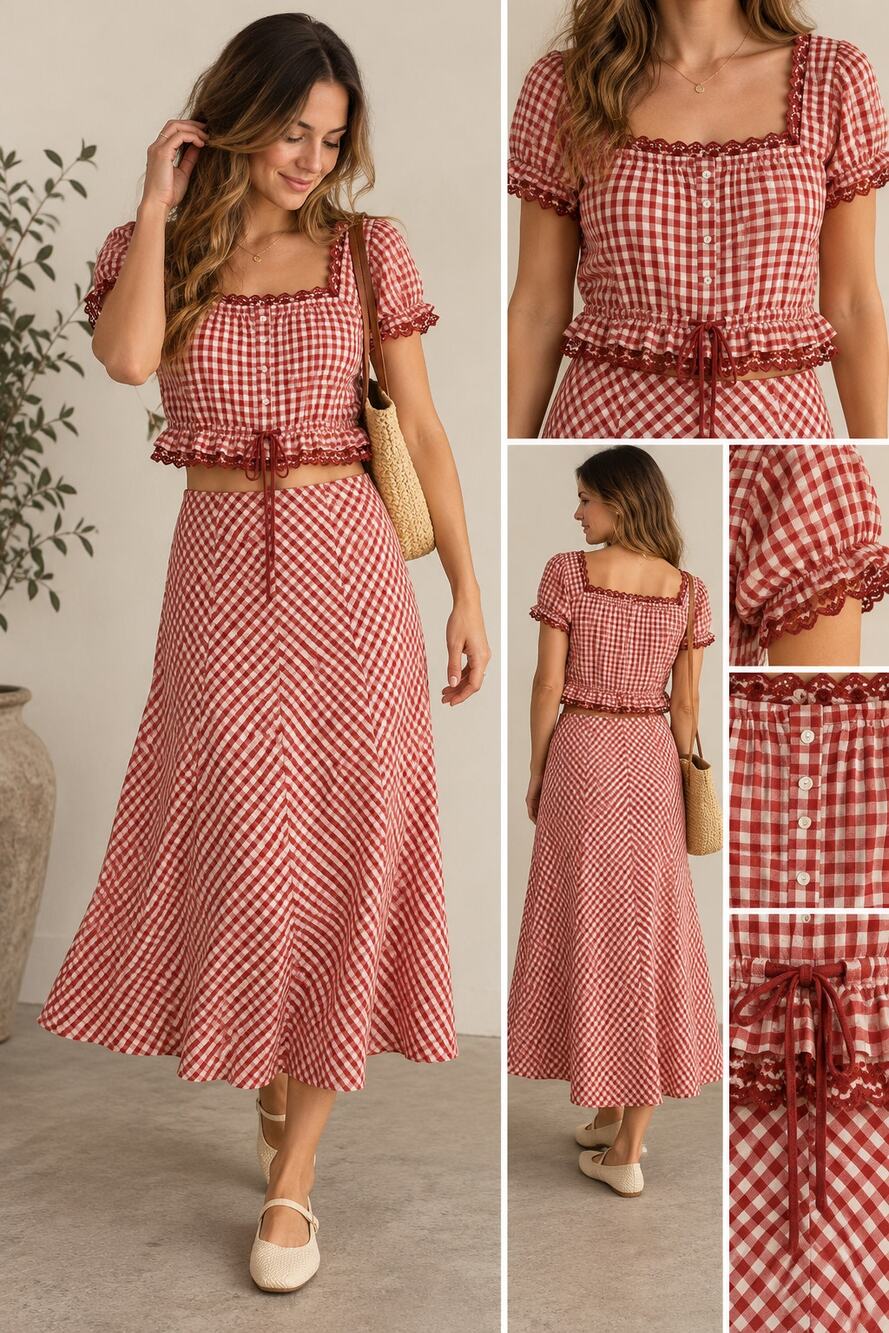 American Eagle Red Gingham Eyelet Lace Top Midi Skirt Set Size M